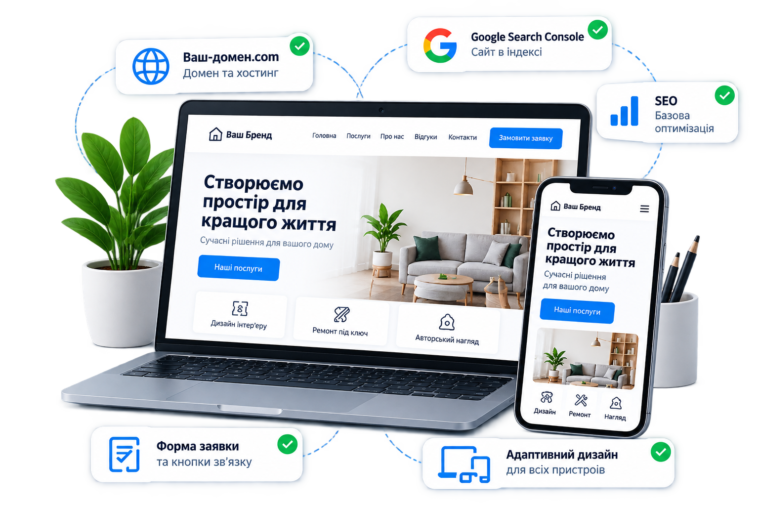 Готовий сайт на ноутбуці та смартфоні