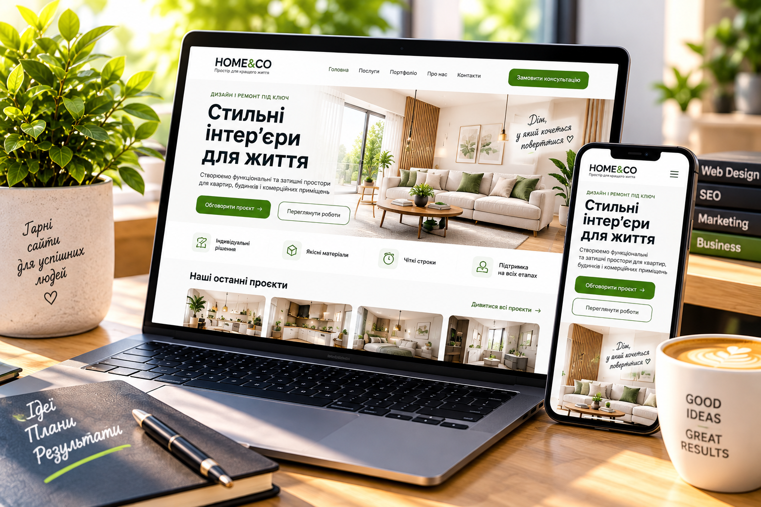 Приклад готового сайту на ноутбуці та смартфоні